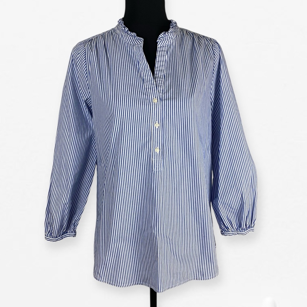 J. Crew Blue and White Striped long sleeve v-neck Cotton Blouse S